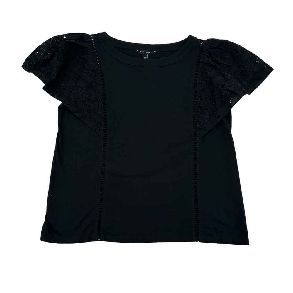 Banana Republic Eyelet Flutter Sleeve Top Black Cotton Modal S/865796 L Office